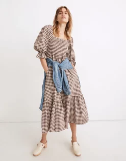 Madewell Lucie Elbow-Sleeve Smocked Midi Dress In Gingham
